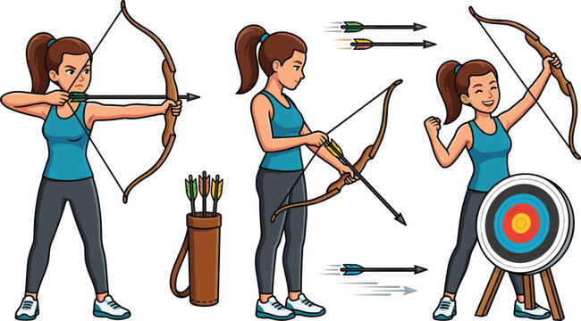 Female Archer Character Vector Set with Woman Aiming Bow Loading Arrow Celebrating Near Bullseye Target Board for Archery Sports Concept Designs
