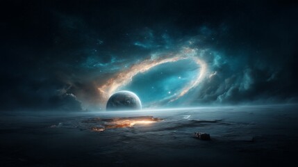 Ethereal view of a planet emerging from a cosmic portal, amidst nebulae and starlight