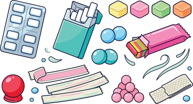 Chewing Gum Vector Set with Blister Pack Mint Pellets Open Packaging Box Bubblegum Balls and Fruit Flavored Strips for Confectionery Designs