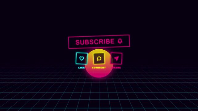 Social media subscribe button icons retro synthwave neon 80s outrun style digital marketing overlay element for content creators streaming channel branding