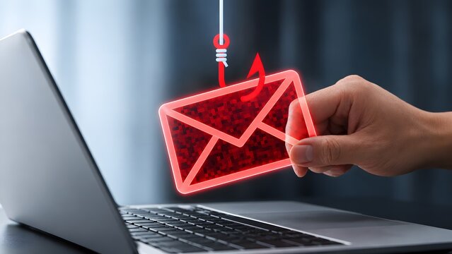 Phishing attack and scam email. Man falling victim to phishing. Spoofing and fraudulent messages arrives on laptop computer.