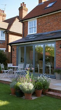 Sunlit garden patio with potted plants and white