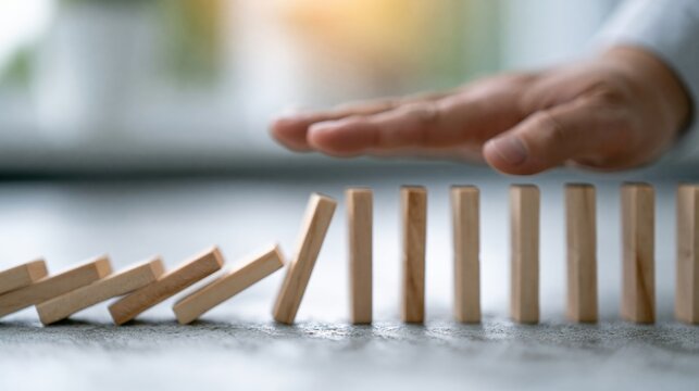 Hand stopping falling dominoes on table