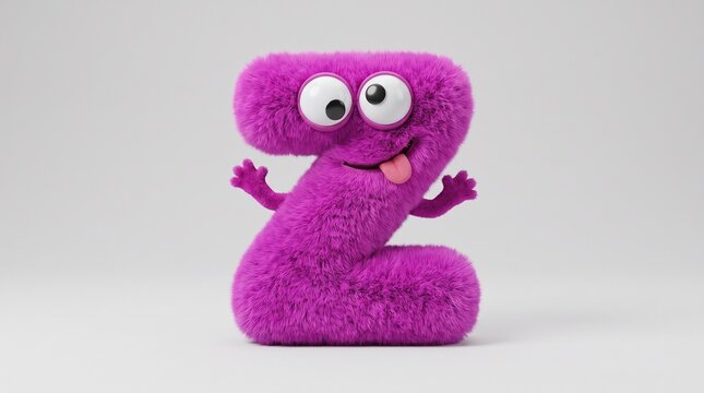 Playful magenta fuzzy monster character shaped like letter Z sticking out tongue. A cheerful plush figure on a light gray background, ideal for fun children's branding or party decoration designs.