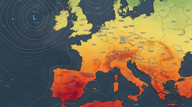 Detailed meteorological weather map of Europe showing high and low pressure systems, temperature gradients, wind flow patterns, and geographic locations for professional climate data visualization