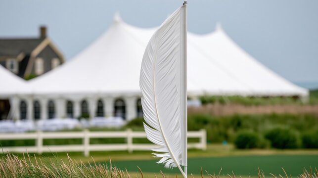 White feather flag on green golf course with