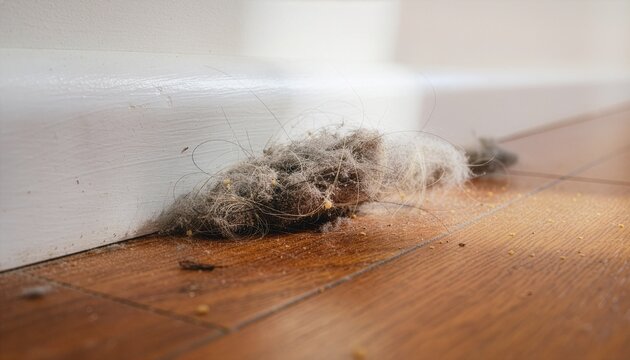 Close-up of dust and pet hair accumulated in the corner of a residential room, tangled strands of dog and cat fur mixed with gray dust.