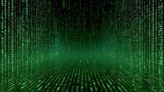 Green binary code rain digital matrix background