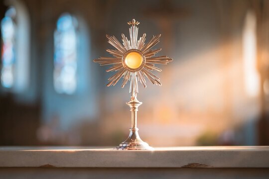Golden metal monstrance with a glowing sacrament on a stone altar in a dim church, featuring chased textures for religious and parish publishing