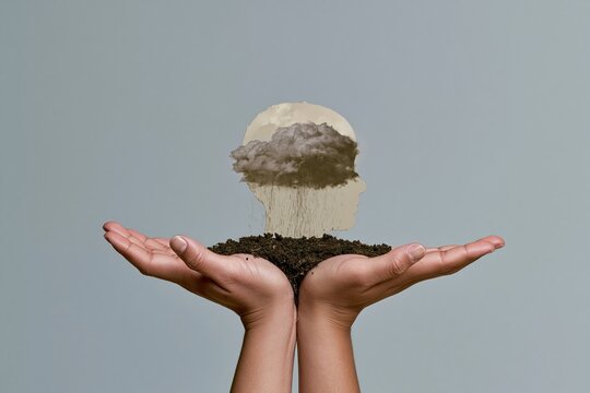 Human hands cradling a head silhouette with a rain cloud inside, featuring organic soil textures and soft lighting for mental health and emotional support