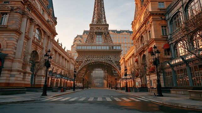 Empty street leading to replica Eiffel Tower at