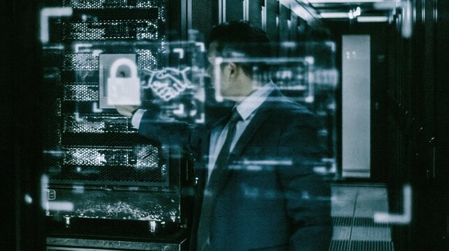 Man in a suit interacting with a floating digital security panel in a cold, dark server room for cybersecurity and identity access management