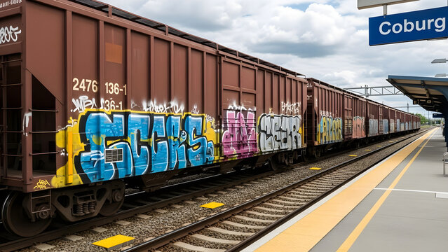 Graffiti Covered Freight Train Cars Parked at a Suburban Railway Station Platform