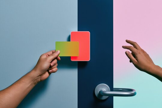 Hand scanning a blank access card at a glowing reader beside a metal door handle for office security and employee entry mockups