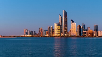 Obraz premium Modern city skyline with skyscrapers reflecting on calm
