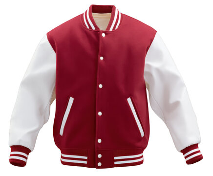Red and white varsity letterman jacket with snap buttons baseball bomber isolated on a transparent background