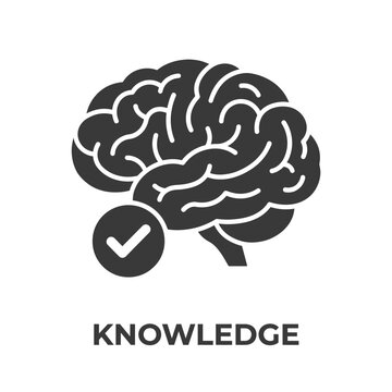 Black brain icon with a check mark symbol representing knowledge and learning