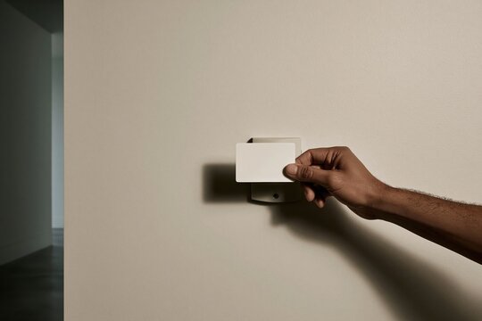 Hand holding a blank proximity card against a wall reader, featuring a smooth matte finish and clean minimal aesthetic for security mockup and copy space