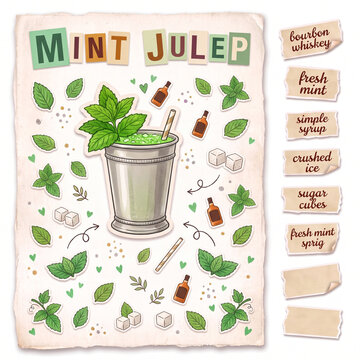 Mint julep cocktail ingredients illustration with fresh mint leaves  
