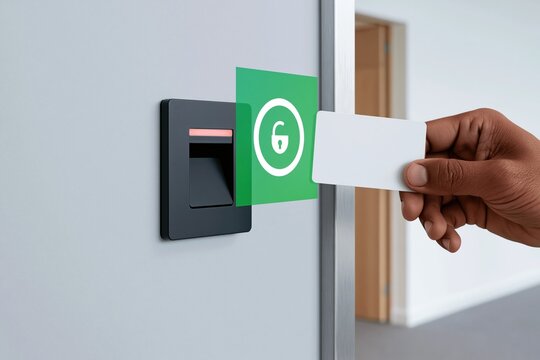 Hand holding a blank access card near a glowing wall reader with a translucent security interface for identity verification and office mockup