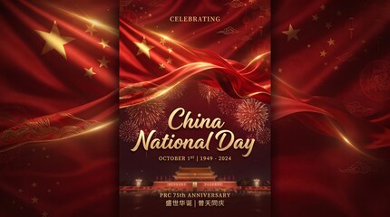 Naklejka premium Abstract festive background for china national day celebration with elegant red flowing silk ribbons and golden decorative light elements