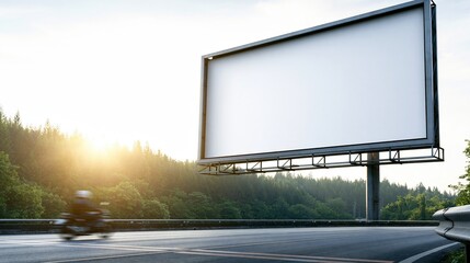 Obraz premium Blank billboard on highway with motorbike passing