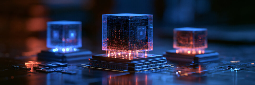 Advanced semiconductor microchip processors glowing on a futuristic circuit board