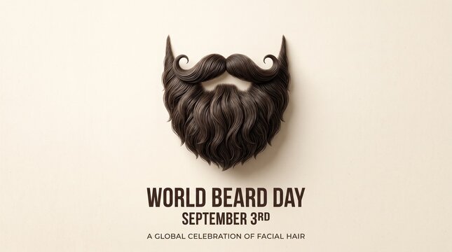World Beard Day poster for September 3rd, stylized facial hair with mustache, global celebration of grooming and masculinity