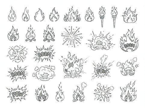 Hand drawn fire and explosion doodle set, comic book style flame elements isolated on white.
