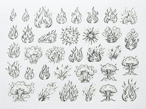 Hand drawn fire and explosion doodle set on white background
