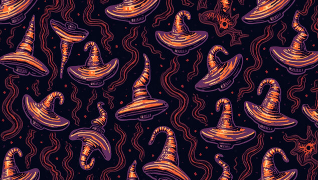 Seamless pattern featuring mystical witch hats on a dark wavy background for Halloween themes