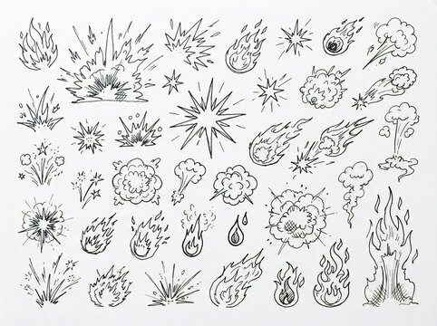 Hand drawn explosion and fire doodle set on white background
