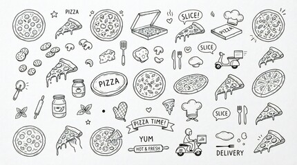 Obraz premium Hand drawn pizza doodle set, fast food icons and delivery elements on white background 