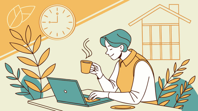 Remote work concept with woman using laptop and drinking coffee at home, surrounded by plants, clock and window, symbolizing freelance work and productivity