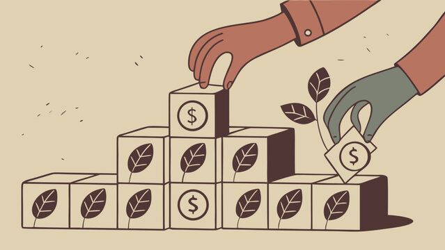 Financial growth concept with hands stacking wooden blocks with coins and leaves, symbolizing investment, savings, wealth, sustainable finance and business development