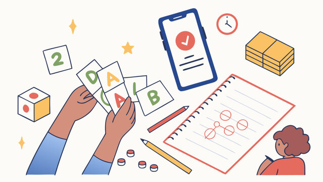 Online education concept with hands holding alphabet flashcards, smartphone, worksheet, books and learning symbols for digital study and remote teaching