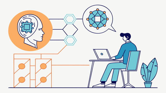 Artificial intelligence concept with person using laptop, digital brain, neural network and data visualization, symbolizing machine learning and technology