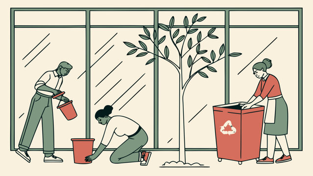 Community gardening concept with people planting and caring for a tree near building windows, symbolizing teamwork, sustainability, ecology and urban greening