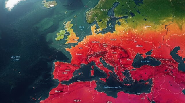 Digital map of Europe showing interconnected network nodes and data flow lines with a vibrant red and green gradient overlay representing regional connectivity and modern communication infrastructur