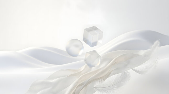 Abstract white 3d minimal geometric cube sphere feather soft wave abstract white 3d minimal geometric composition with cube and sphere floating above soft flowing fabric and feather, clean