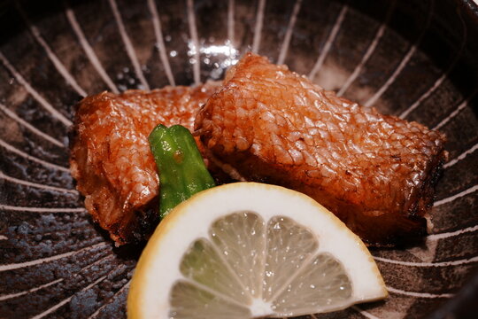Crispy fried tilefish with edible scales or Matsukasa-age, Japanese traditional dish