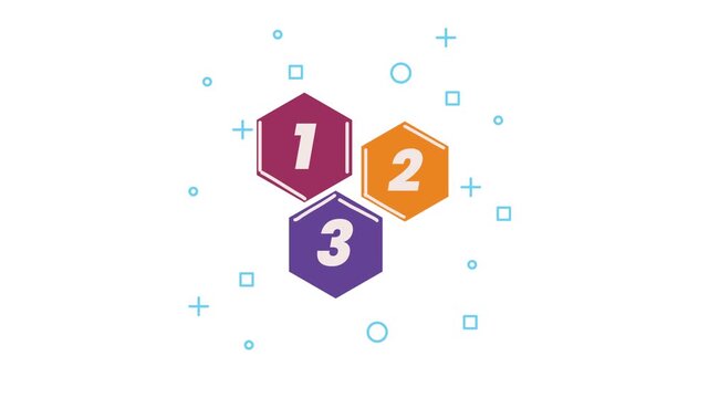 Animated three-step process graphic with numbers 1, 2, and 3 inside hexagons appearing with subtle motion on a white background.