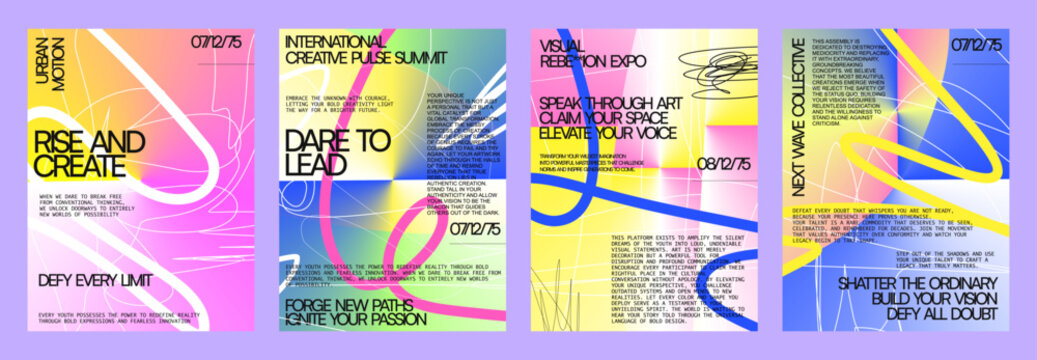 Abstract vibrant poster set design. Colorful experimental typography layout style. Modern y2k graphic visual concept. Creative bold text composition art.
