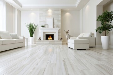 Obraz premium Bright white living room with fireplace and modern