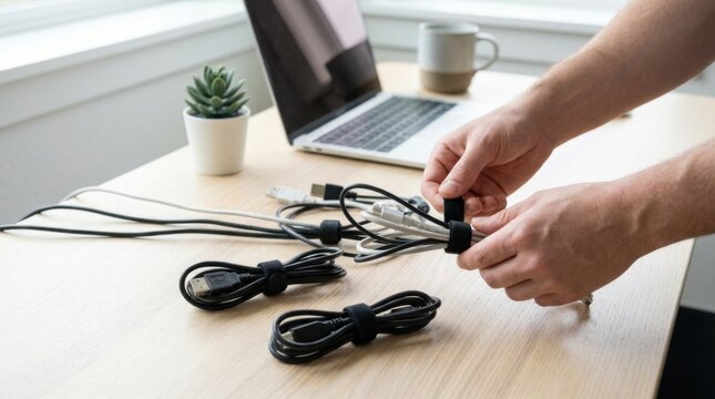 Hands Bundling Computer Cables with Cable Ties on Minimalist Workspace Desk