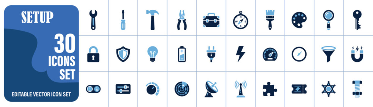 Setup and configuration solid icon set. Featuring settings, installation, tools, preferences, customization, adjustment, controls, and system configuration