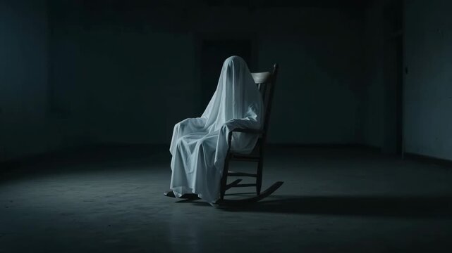 Creepy white sheet ghost sitting on a wooden rocking chair in an empty dark haunted room at night.