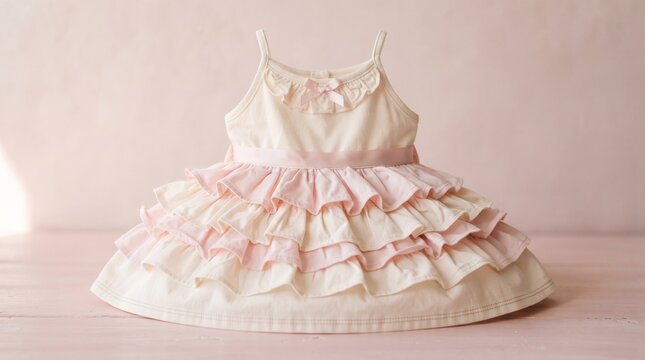 Elegant cream baby girl dress with pink floral ruffles for christening or portrait session