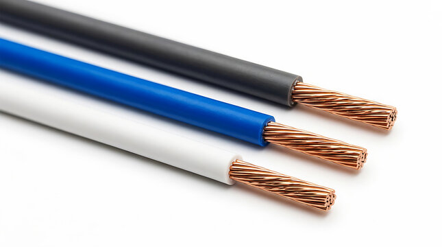 Blue and copper electrical wires with stripped ends insulation