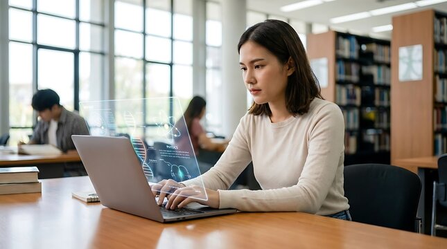 A young woman is studying and working on her laptop in a library, surrounded by bookshelves and other students
